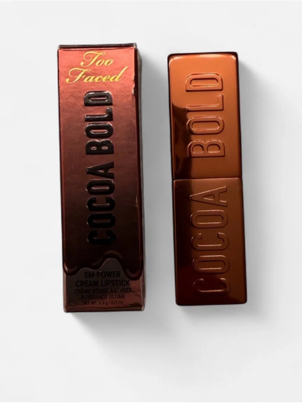 Too Faced Cocoa Bold Empower Cream Lipstick in the shade hot chocolate